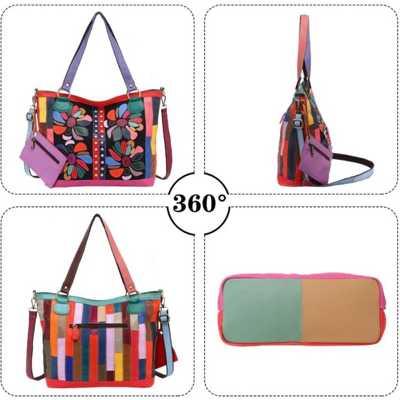 Women Leather Tote Bag Large with Zipper Floral Patchwork Stylish Purse - Picture 3 of 6